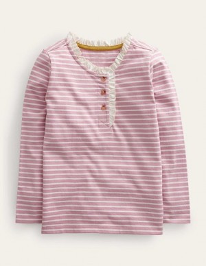 White / Pink Kids' Boden Henley Ruffle Breton Tops | 62548KUJP