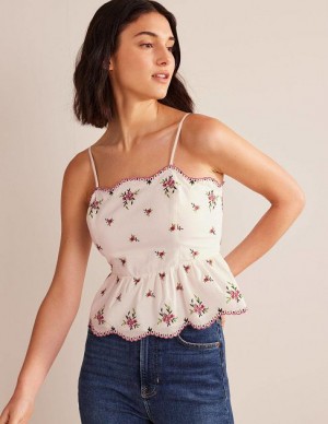 White / Pink / Green Women's Boden Embroidered Peplum Tops | 13284PXEL