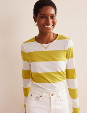 White / Yellow Women's Boden Bea Long Sleeve Breton T-Shirt | 07845UYZS