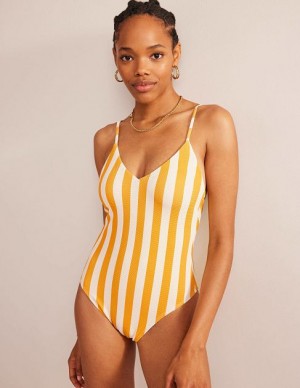 Yellow / White Stripes Women's Boden Skinny Strap Stripe Swimsuits | 09153TVIA