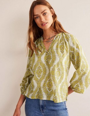 Yellow / White Women's Boden Printed Notch-neck Sparkle Tops | 12357CREP