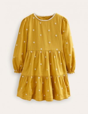 yellow Kids' Boden Embroidered Twirly Dress | 84679LERZ