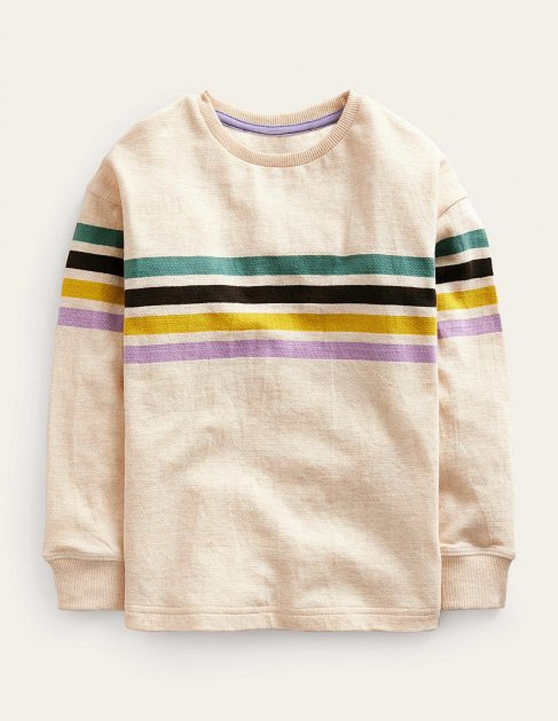 Beige Kids\' Boden Textured Chest Stripe T-Shirt | 65804APEM