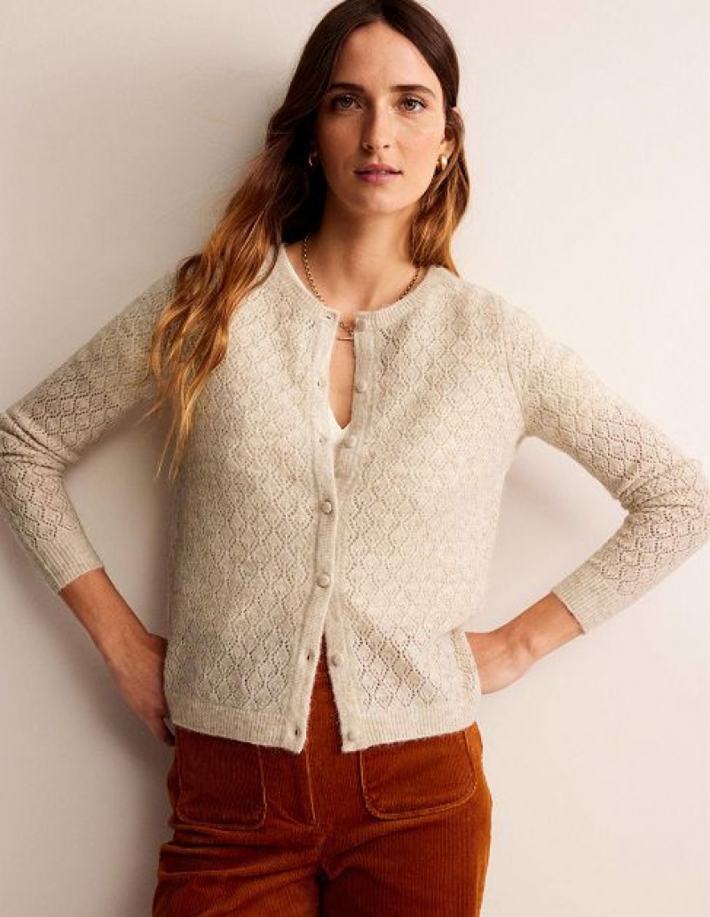 Beige Women's Boden Fluffy Pointelle Cardigan | 07493VLEP