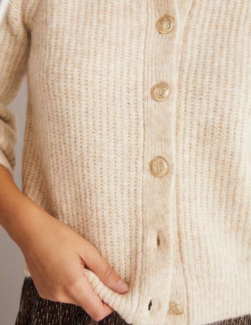 Beige Women's Boden Gold Button Fluffy Cardigan | 16745EGLQ