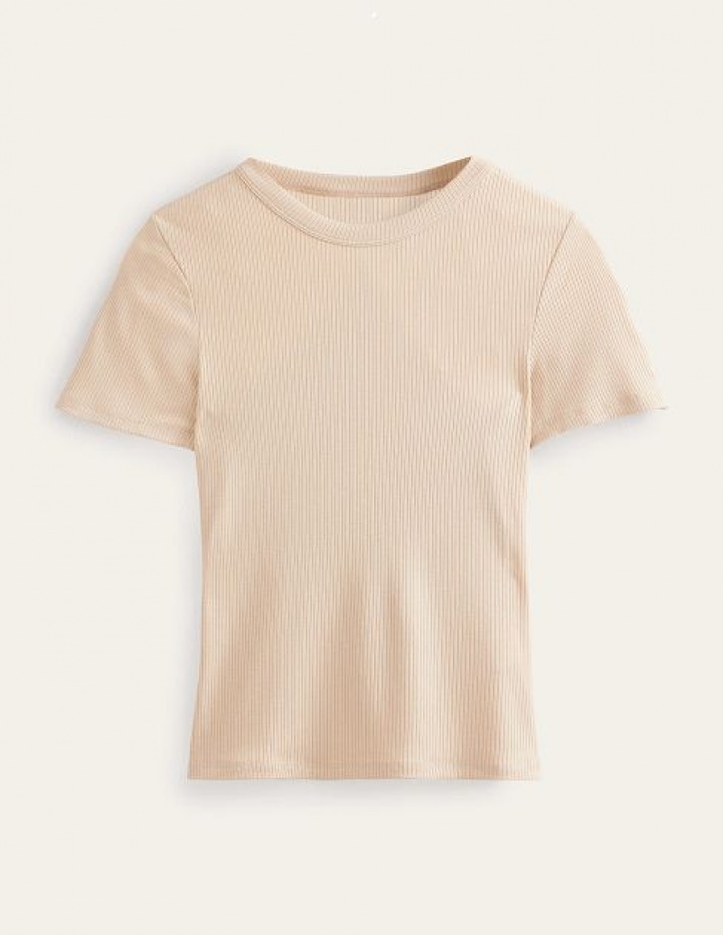 Beige Women's Boden Soft Ribbed Crew Neck T-Shirt | 25694DWAE