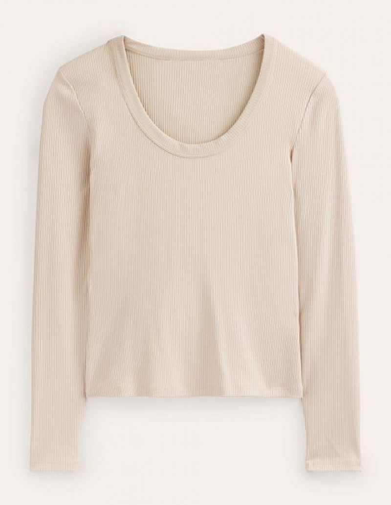 Beige Women's Boden Soft Ribbed Scoop Neck Tops | 03874PJFE