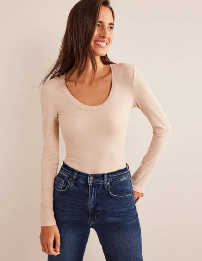 Beige Women's Boden Soft Ribbed Scoop Neck Tops | 03874PJFE