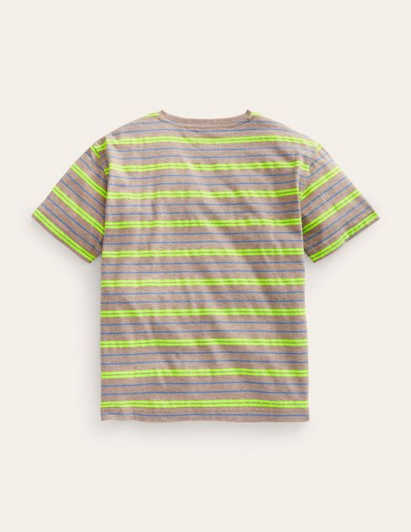 Beige / Yellow Kids' Boden Relaxed Neon-stripe T-Shirt | 89574WOQN