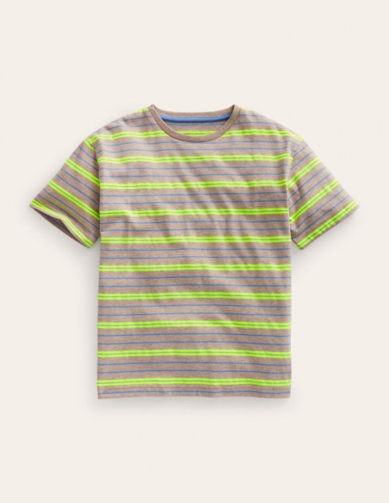 Beige / Yellow Kids\' Boden Relaxed Neon-stripe T-Shirt | 89574WOQN