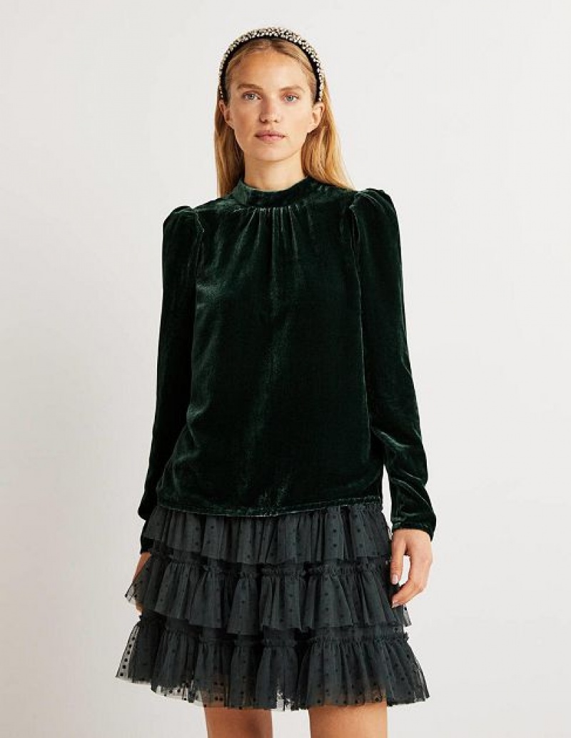 Black Green Women's Boden Green Mutton Sleeve Velvet Tops | 78501NKBJ