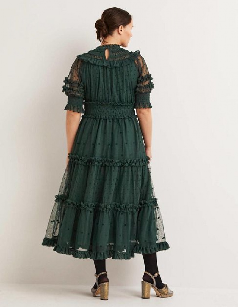 Black Green Women's Boden Green Polka Dot Tulle Midi Dress | 04968FZWP