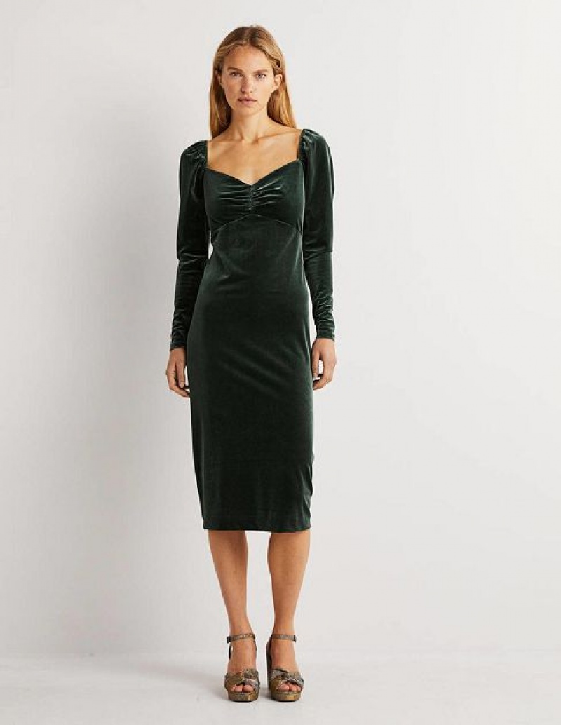 Black Green Women\'s Boden Green Velvet Sweetheart Midi Dress | 62390HLZJ