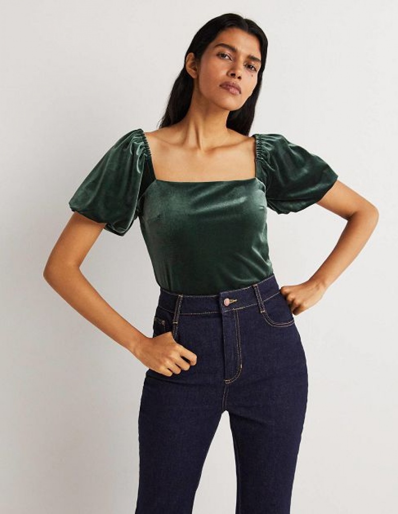 Black Green Women's Boden Square Neck Velvet Tops | 40729OSQE