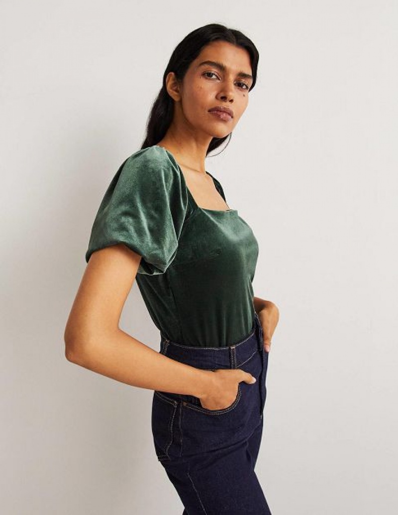 Black Green Women's Boden Square Neck Velvet Tops | 40729OSQE