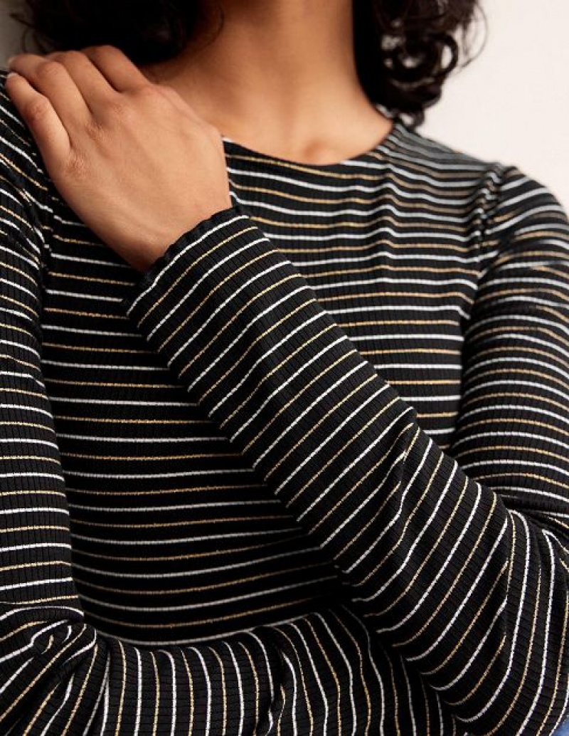 Black Stripes Women's Boden Long Sleeve Metallic Tops | 79453CUJG