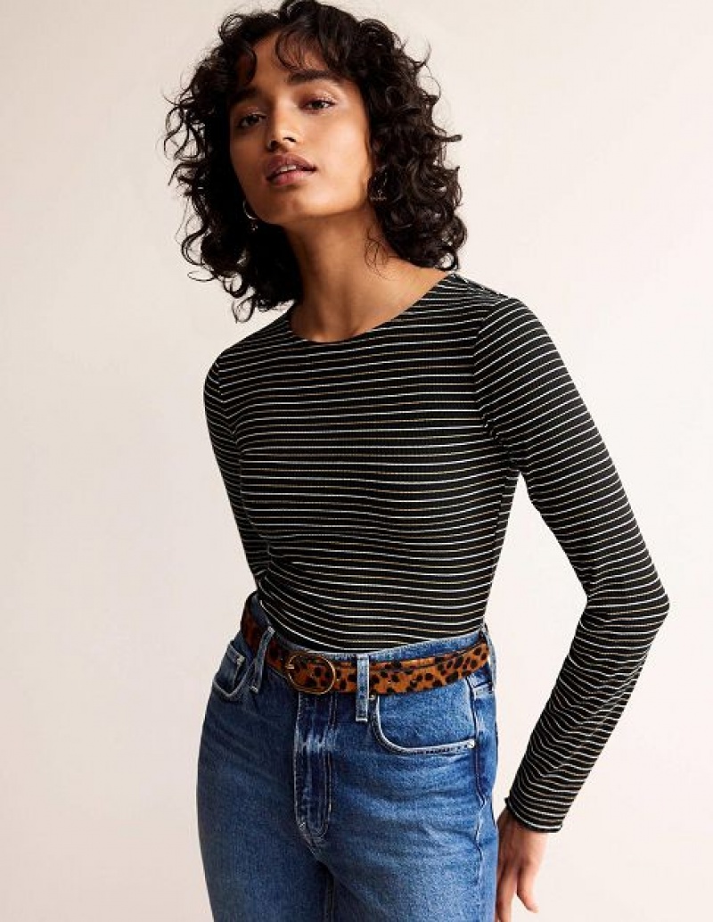 Black Stripes Women's Boden Long Sleeve Metallic Tops | 79453CUJG