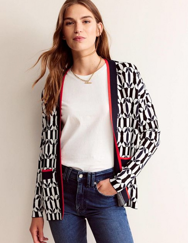 Black White Women's Boden Jacquard Cardigan | 30976LOSI