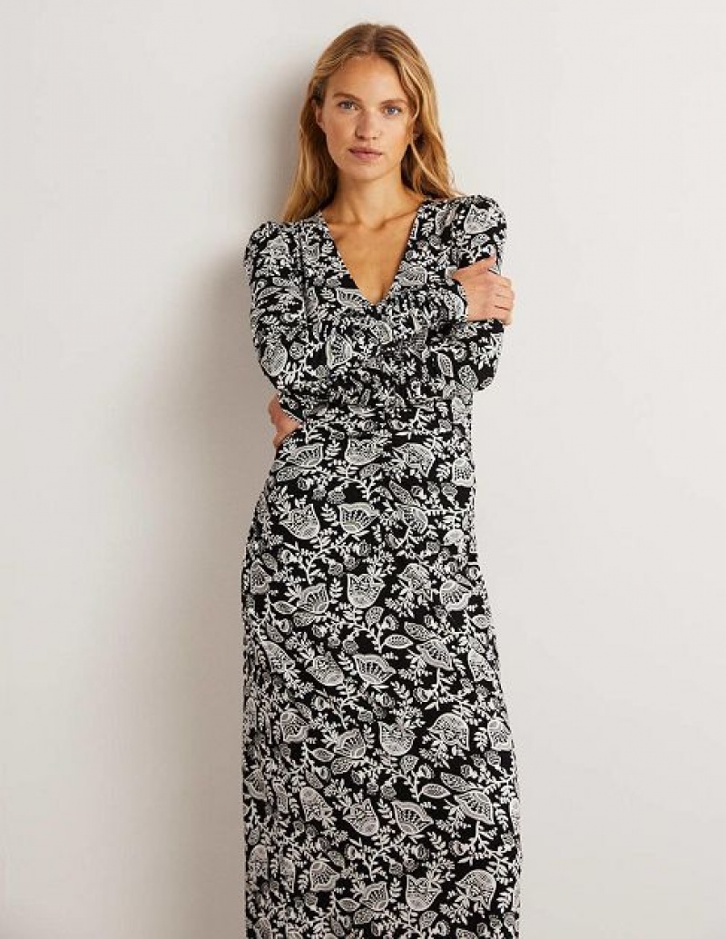 Black White Women's Boden Ruched Jersey Midi Dress | 01863QWLD