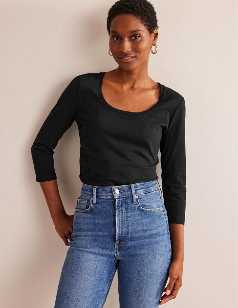 Black Women's Boden 3/4 Sleeve Scoop Neck Tops | 62749KFTM