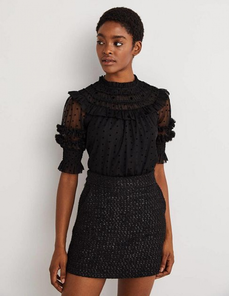 Black Women's Boden Black Polka Dot Tulle Party Tops | 96387LODJ