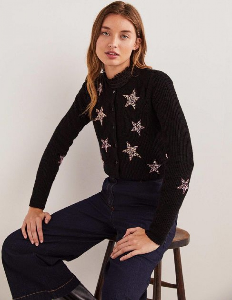 Black Women's Boden Black Star-embellished Ribbed Cardigan | 95180XFAI