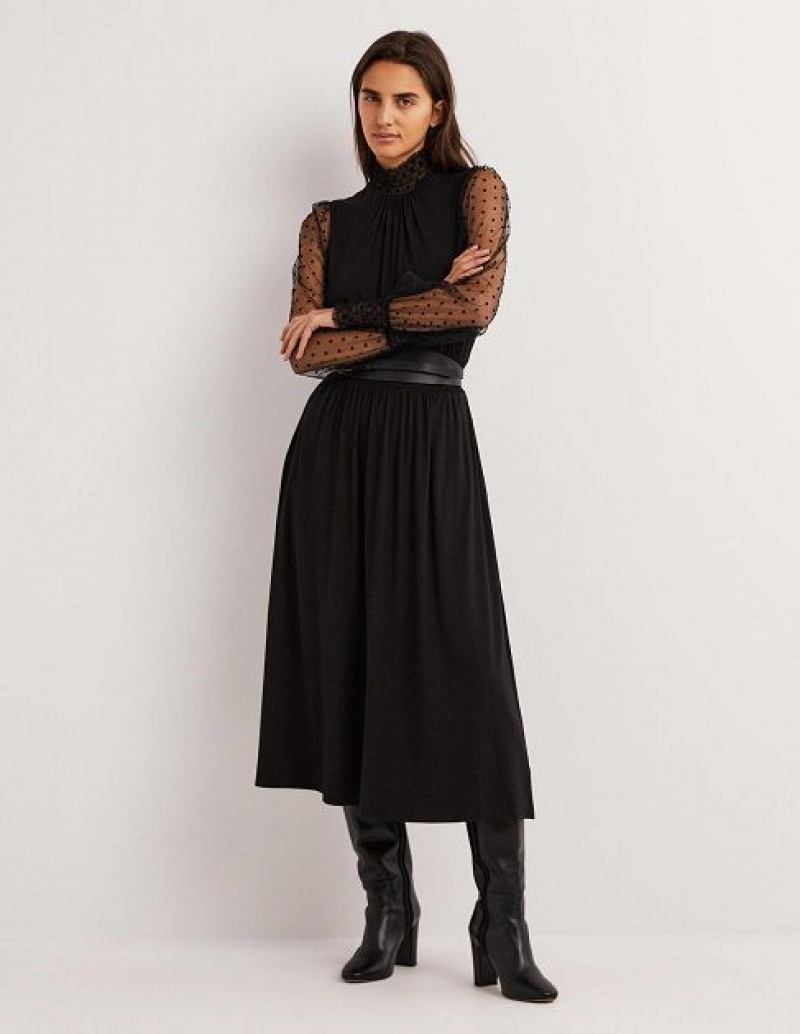 Black Women\'s Boden Black Tulle Sleeve Party Midi Dress | 63845IZPF