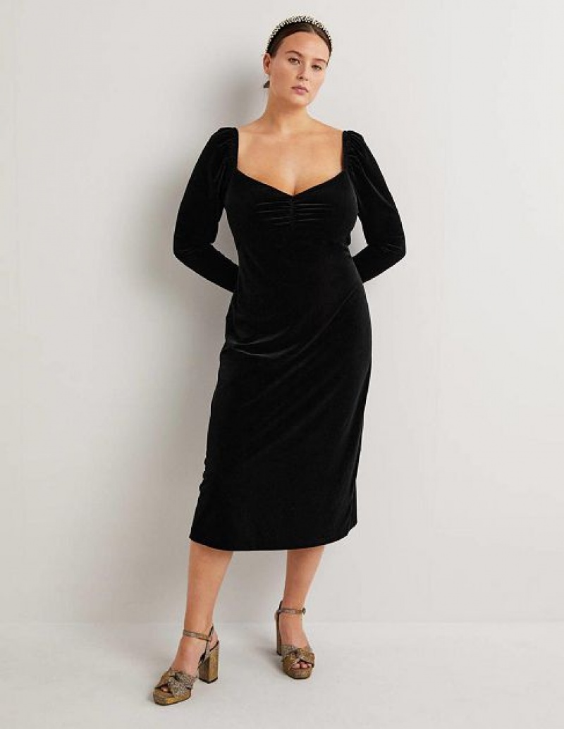 Black Women's Boden Black Velvet Sweetheart Midi Dress | 20459NIZS