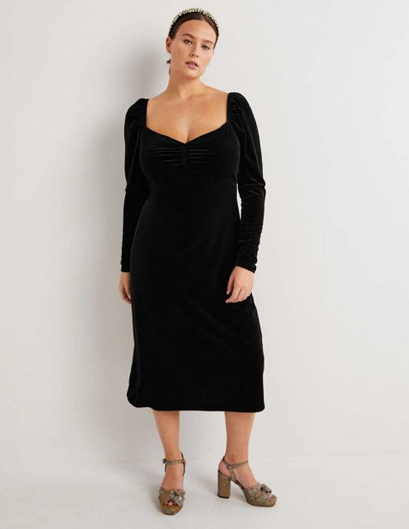 Black Women\'s Boden Black Velvet Sweetheart Midi Dress | 20459NIZS