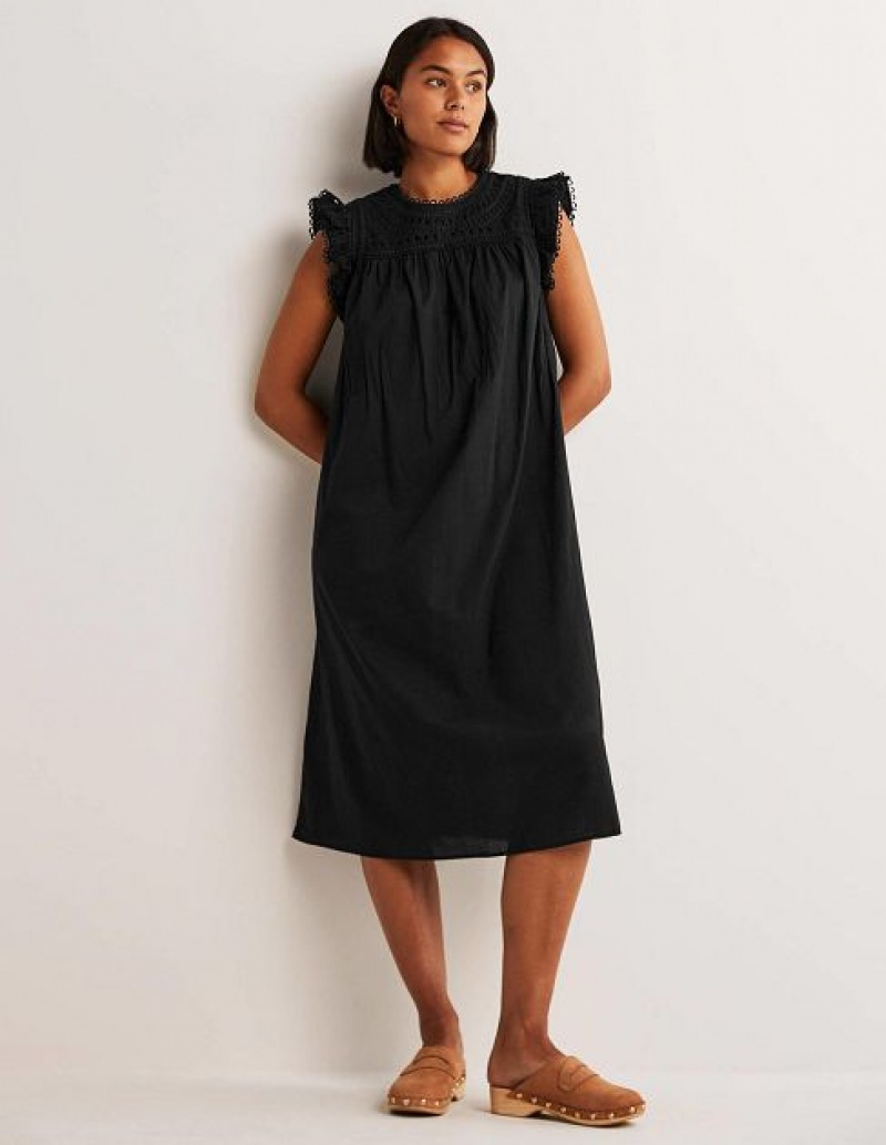 Black Women's Boden Broderie Detail Midi Dress | 06715GHAW