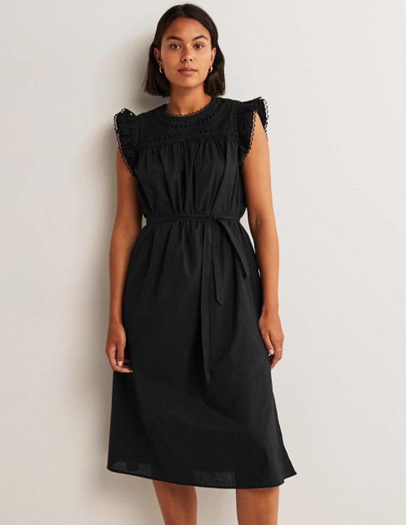 Black Women\'s Boden Broderie Detail Midi Dress | 06715GHAW