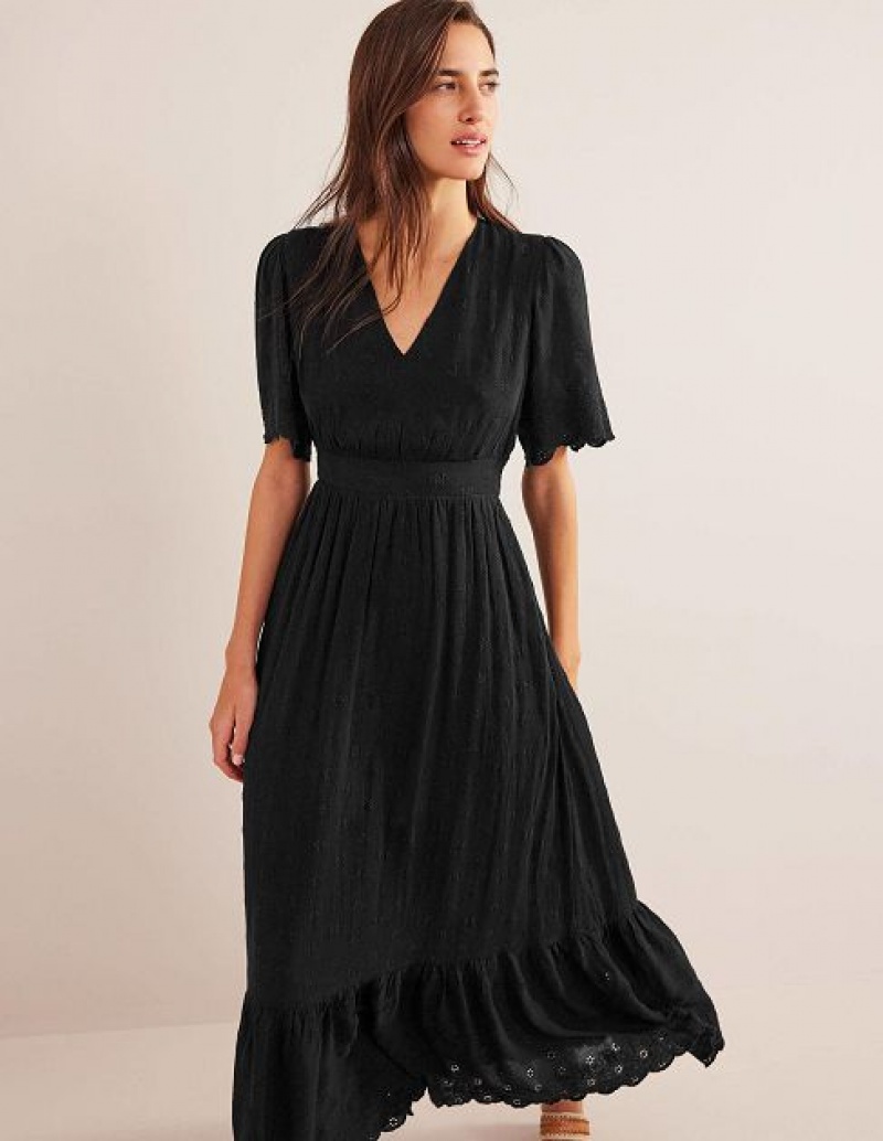 Black Women\'s Boden Broderie Maxi Dress | 80352WJPX