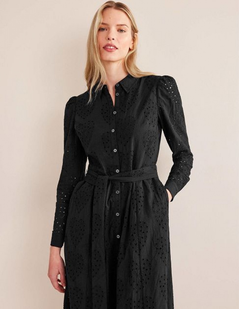 Black Women's Boden Broderie Shirt Dress | 67821UANY