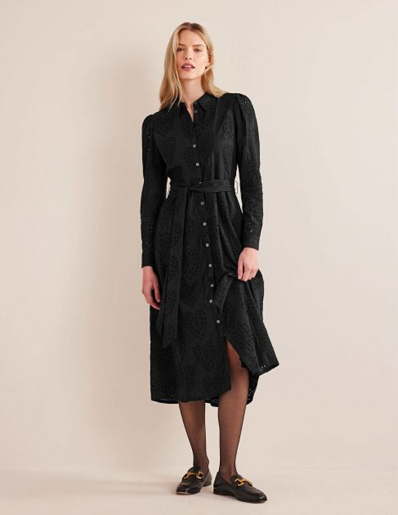 Black Women\'s Boden Broderie Shirt Dress | 67821UANY