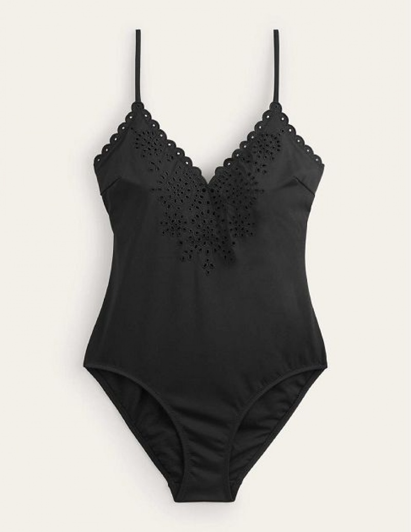 Black Women's Boden Broderie V-neck Swimsuits | 76504ERAX