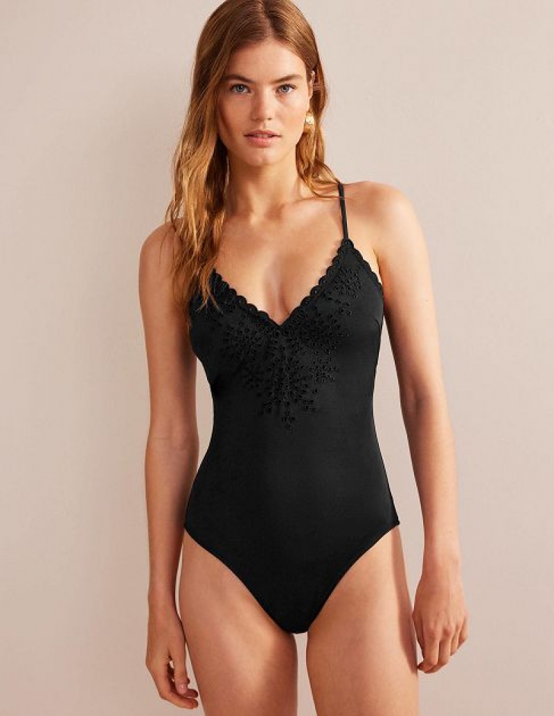 Black Women\'s Boden Broderie V-neck Swimsuits | 76504ERAX