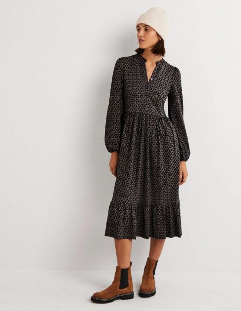 Black Women's Boden Buttoned Jersey Midi Dress | 05284ZROM