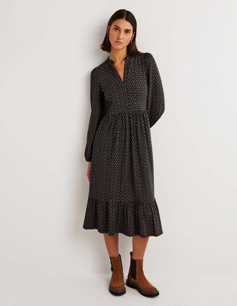 Black Women\'s Boden Buttoned Jersey Midi Dress | 05284ZROM