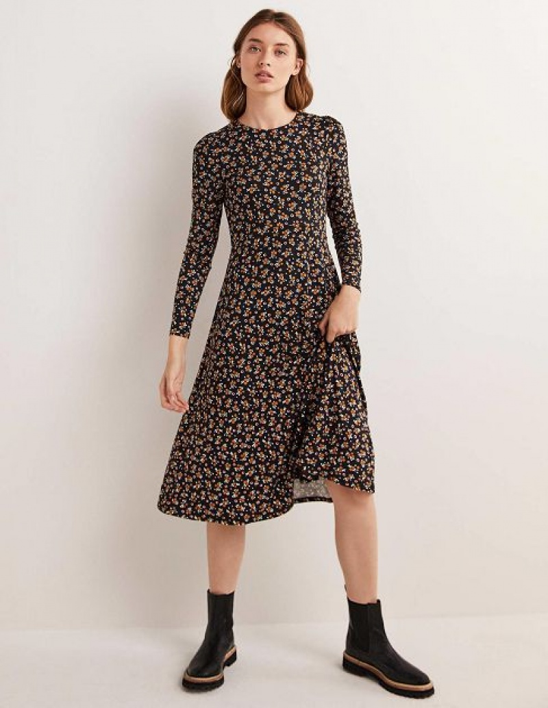 Black Women's Boden Crew Neck Jersey Midi Dress | 23740UTGO