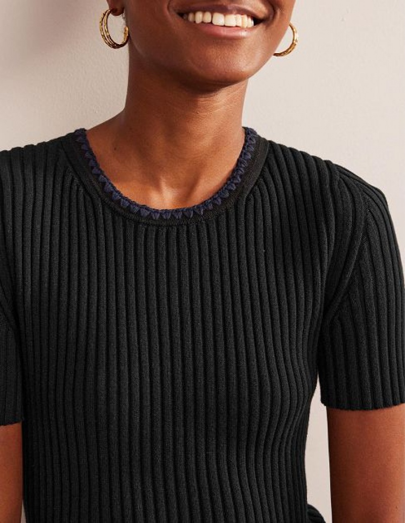 Black Women's Boden Crochet-trim T-Shirt | 12439QTEW