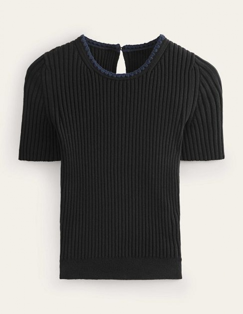 Black Women's Boden Crochet-trim T-Shirt | 12439QTEW