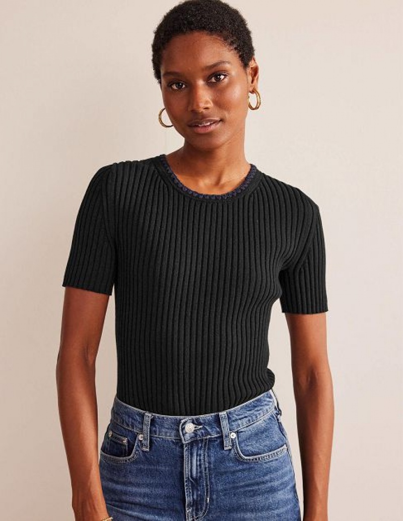 Black Women\'s Boden Crochet-trim T-Shirt | 12439QTEW