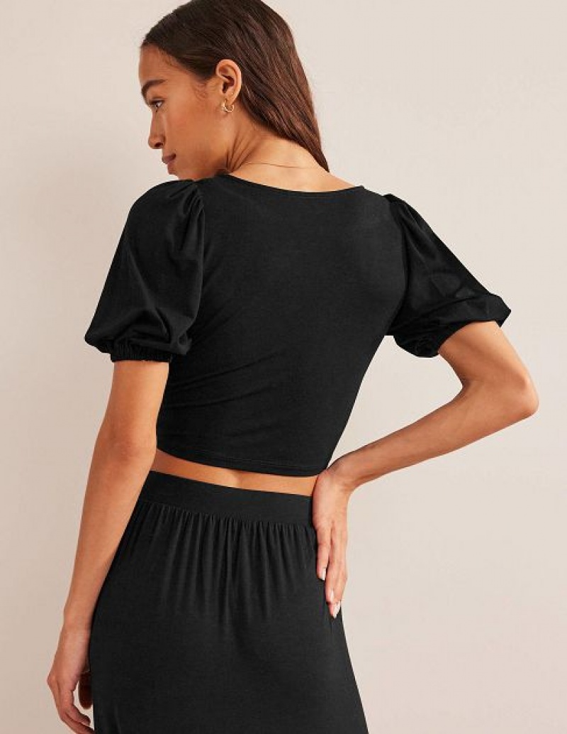 Black Women's Boden Cropped Twist Detail Tops | 26749MOQX