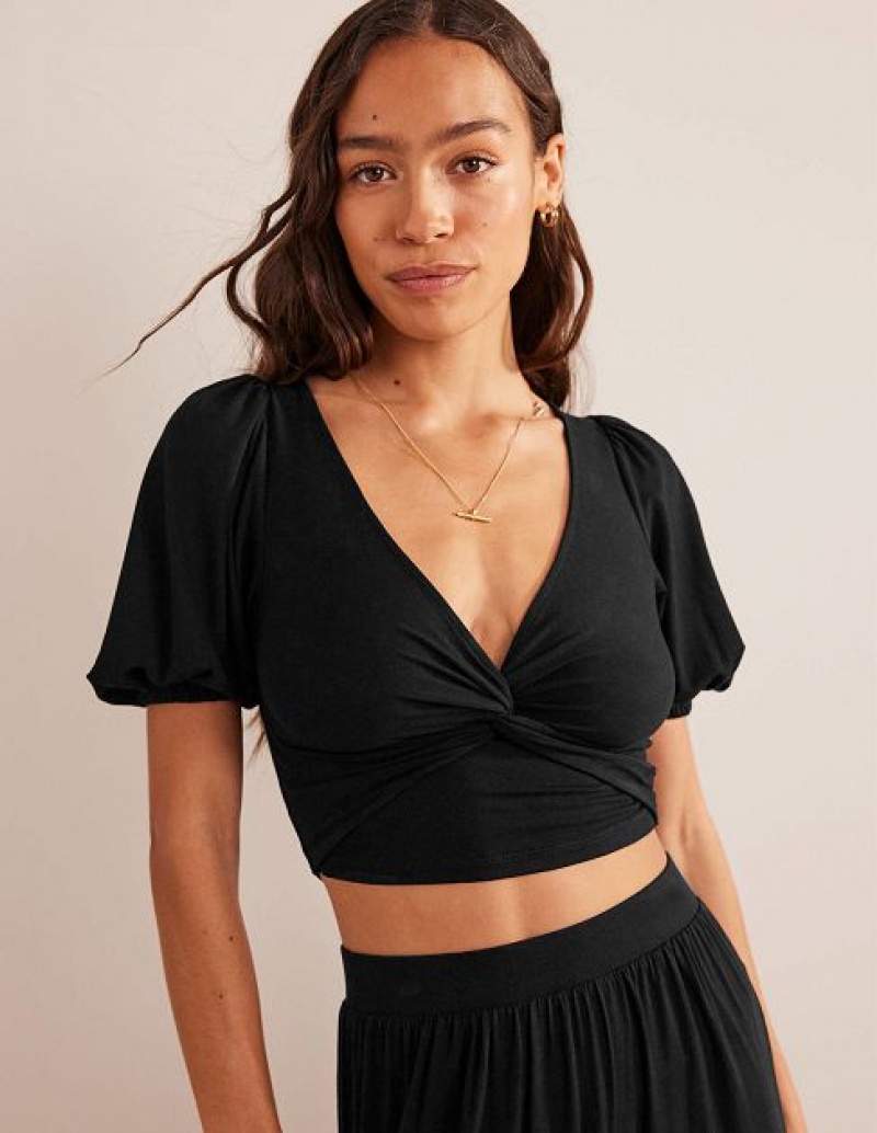 Black Women\'s Boden Cropped Twist Detail Tops | 26749MOQX