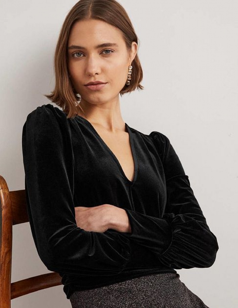 Black Women's Boden Cropped Velvet Blouson Tops | 62340PUNO