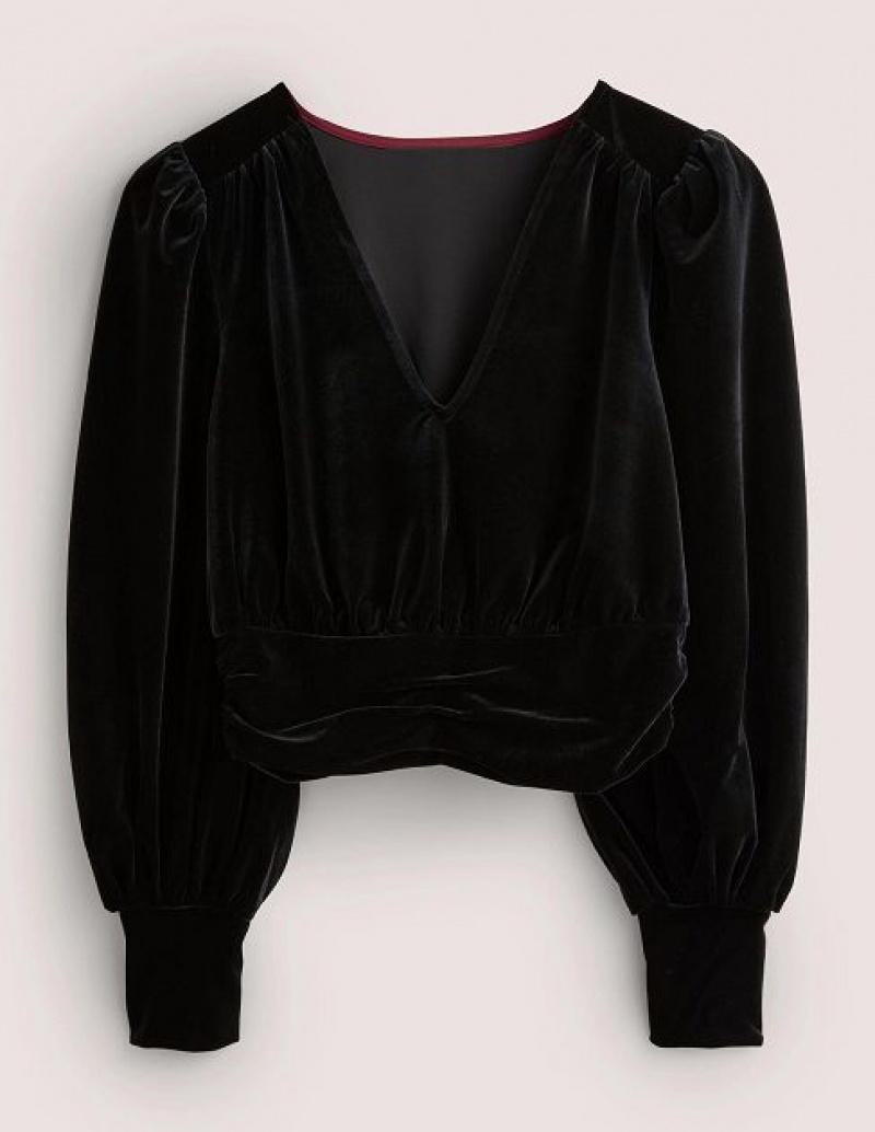 Black Women's Boden Cropped Velvet Blouson Tops | 62340PUNO