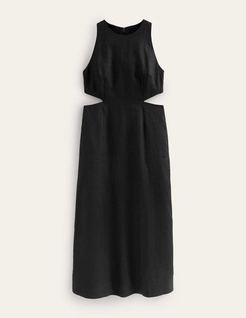 Black Women's Boden Cut Out Linen Midi Dress | 21384AYVJ