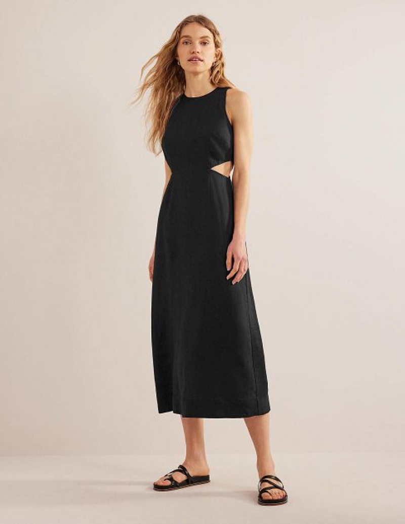 Black Women\'s Boden Cut Out Linen Midi Dress | 21384AYVJ