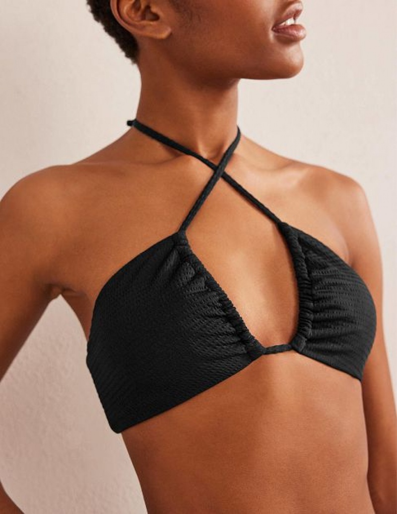 Black Women's Boden Cutout String Gather Bikini Tops | 68725DQRF