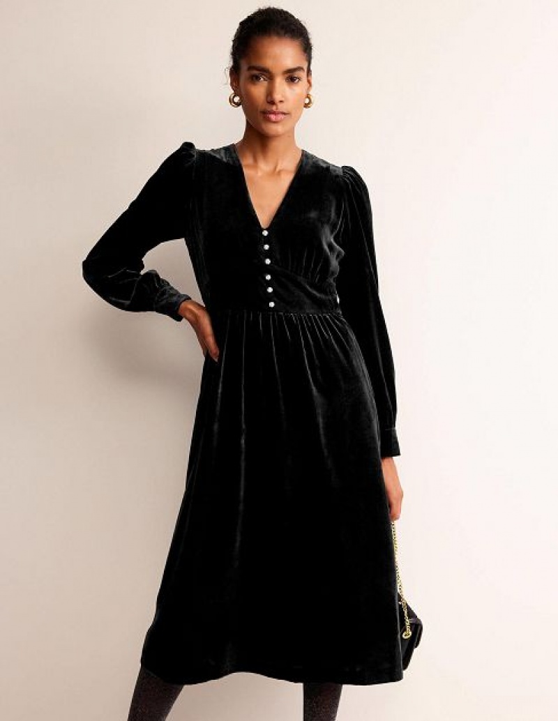 Black Women\'s Boden Elise Velvet Jewel Midi Dress | 41209PGHZ